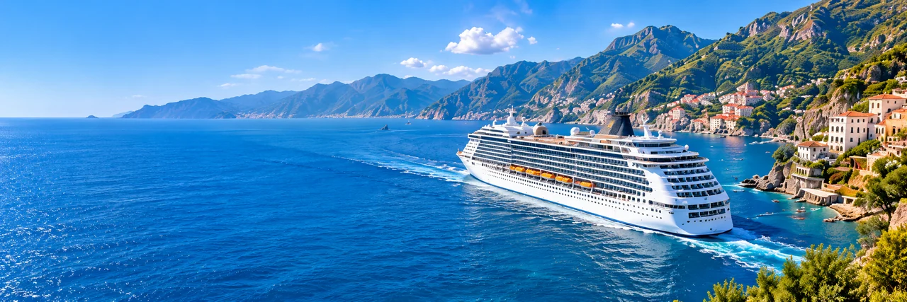 Illustration of a cruise ship sailing along a sunny Mediterranean coastline