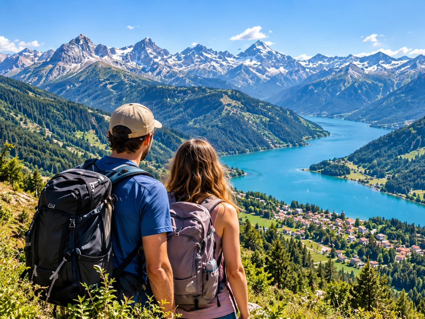 Two hikers looking across an Alpine lake and mountain valley.