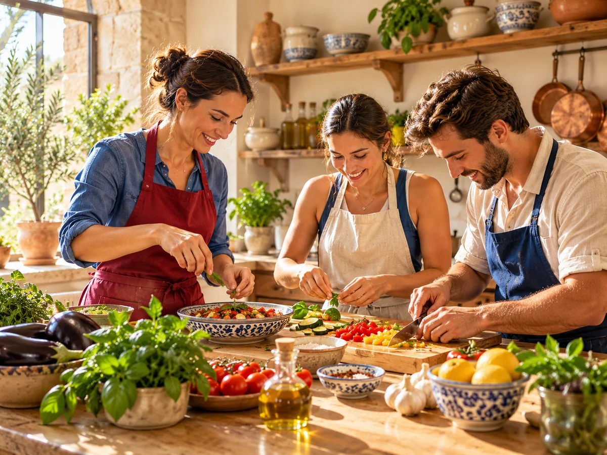 Travellers preparing food together in an illustrative cooking class.