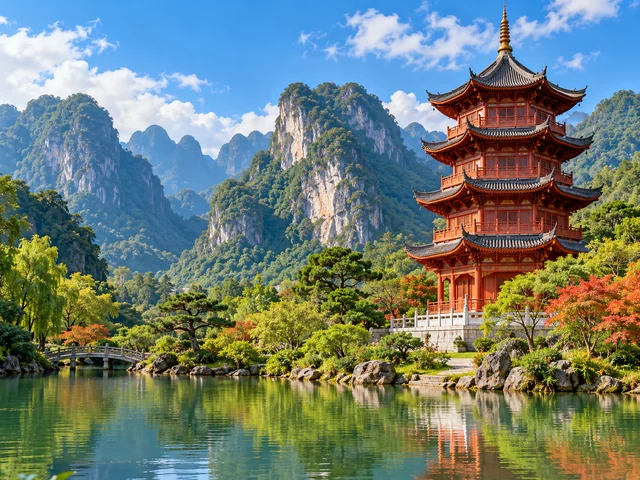A red pagoda and garden beside a lake and mountain landscape.
