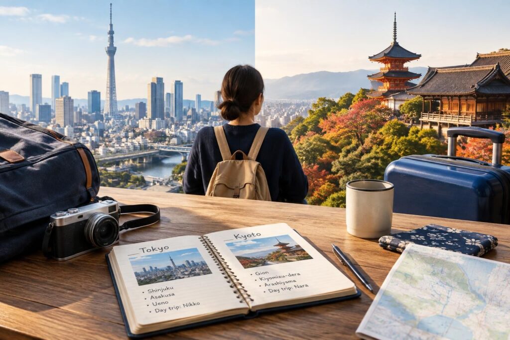 AI-generated travel illustration for Planning a Two-Base Japan Trip: Tokyo and Kyoto Without Hotel Hopping